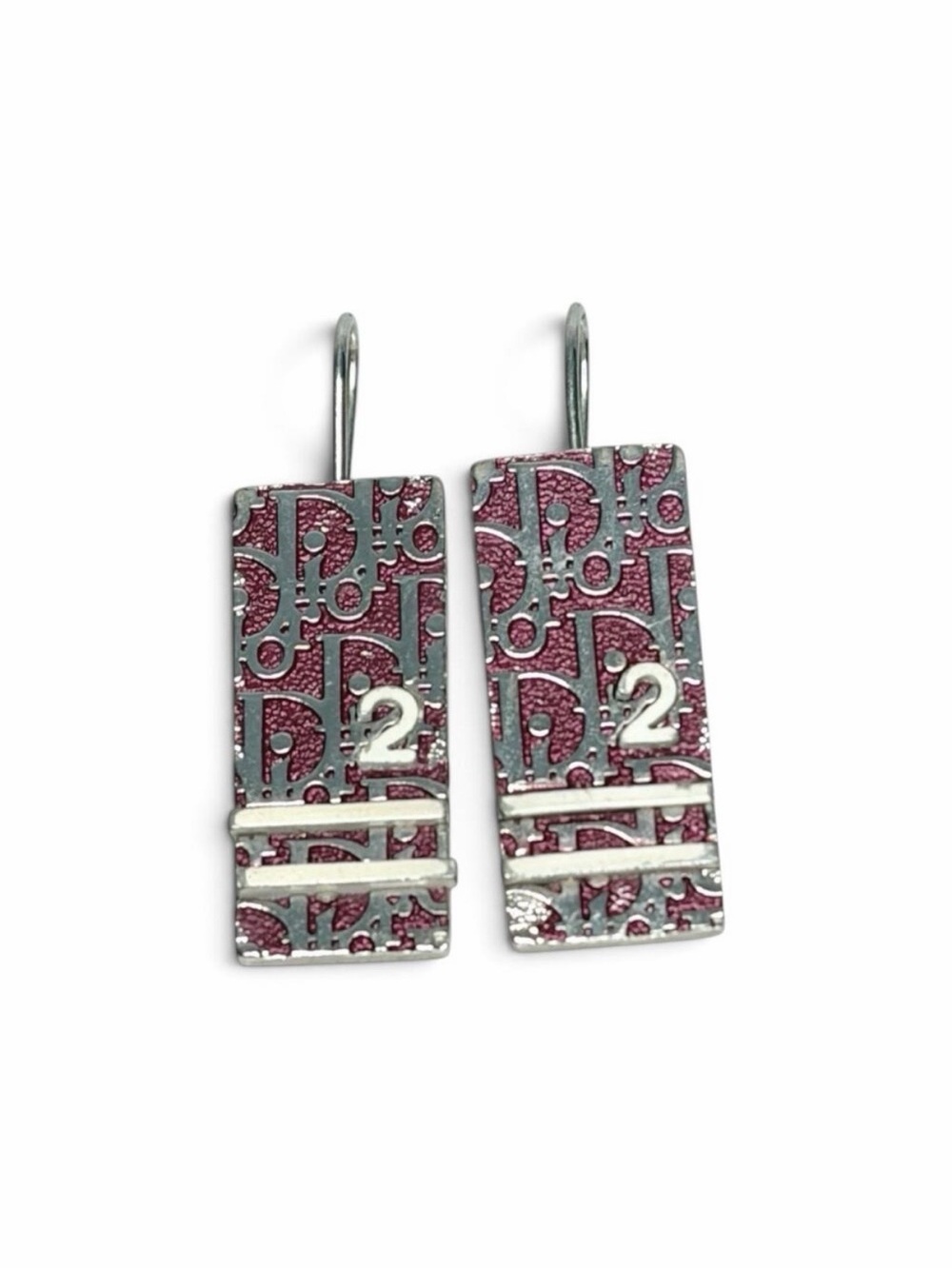 Christian Dior Red Silver Trotter Monogram Dangle Earrings with Box Authentic